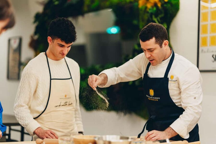 Florence: Art of Pasta Cooking Workshop with Food and Wine - Sitting down to three pasta dishes