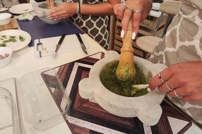 Genoese Pesto Lesson with Mortar, Pasta Tasting and Local Wine - Making pesto the Genovese way
