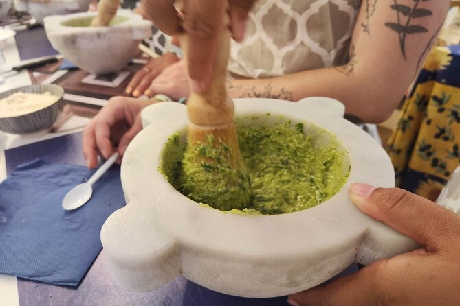Genoese Pesto Lesson with Mortar, Pasta Tasting and Local Wine - Vermentino, Ciliegiolo, and a relaxed table